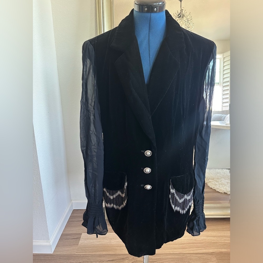Vtg 80s Dorothy Schoelen Velvet Evening Silk Sheer Sleeves beaded Fringe Blazer - Picture 6 of 15